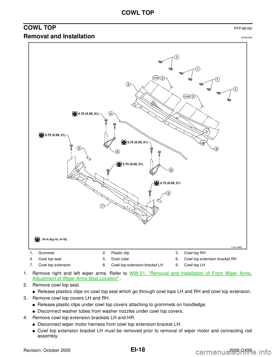 INFINITI QX4 2005  Factory Service Manual EI-18
COWL TOP
Revision: October 20052005 QX56
COWL TOPPFP:66100
Removal and InstallationEIS004WG
1. Remove right and left wiper arms. Refer to WW-31, "Removal and Installation of Front Wiper Arms,
Ad
