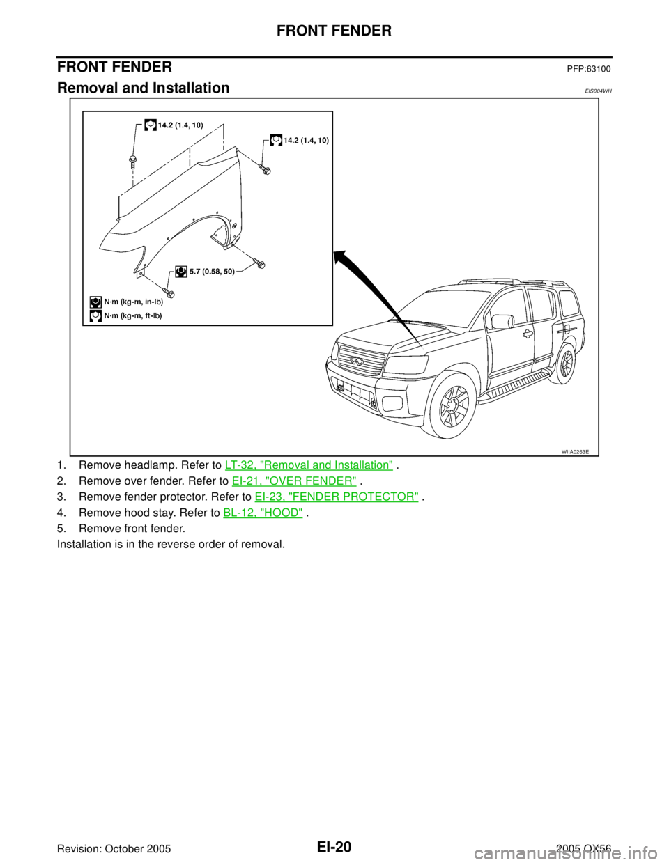 INFINITI QX4 2005  Factory Service Manual EI-20
FRONT FENDER
Revision: October 20052005 QX56
FRONT FENDERPFP:63100
Removal and InstallationEIS0 04 WH
1. Remove headlamp. Refer to LT- 3 2 ,  "Removal and Installation" .
2. Remove over fender. 