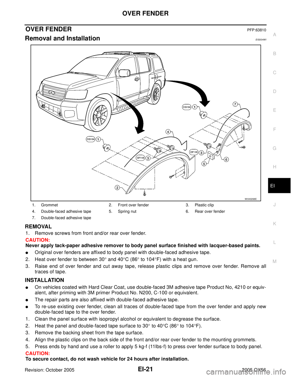 INFINITI QX4 2005  Factory Service Manual OVER FENDER
EI-21
C
D
E
F
G
H
J
K
L
MA
B
EI
Revision: October 20052005 QX56
OVER FENDERPFP:63810
Removal and InstallationEIS004WI
REMOVAL
1. Remove screws from front and/or rear over fender.
CAUTION:

