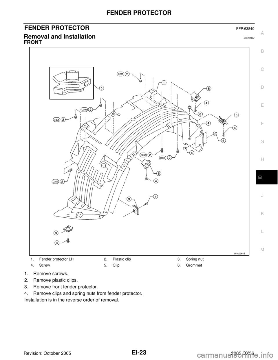 INFINITI QX4 2005  Factory Service Manual FENDER PROTECTOR
EI-23
C
D
E
F
G
H
J
K
L
MA
B
EI
Revision: October 20052005 QX56
FENDER PROTECTORPFP:63840
Removal and InstallationEIS004WJ
FRONT
1. Remove screws.
2. Remove plastic clips.
3. Remove f