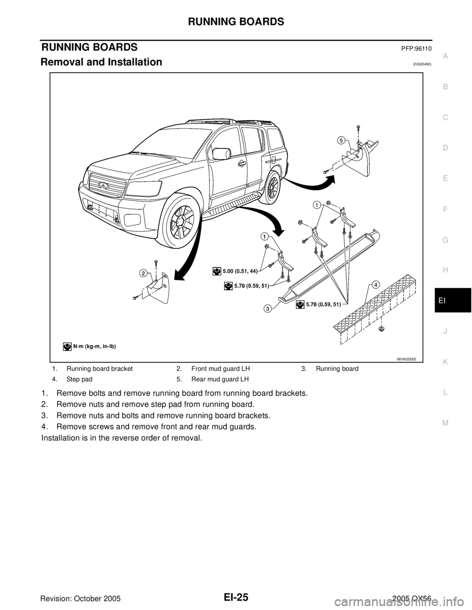 INFINITI QX4 2005  Factory Service Manual RUNNING BOARDS
EI-25
C
D
E
F
G
H
J
K
L
MA
B
EI
Revision: October 20052005 QX56
RUNNING BOARDSPFP:96110
Removal and InstallationEIS004WL
1. Remove bolts and remove running board from running board brac