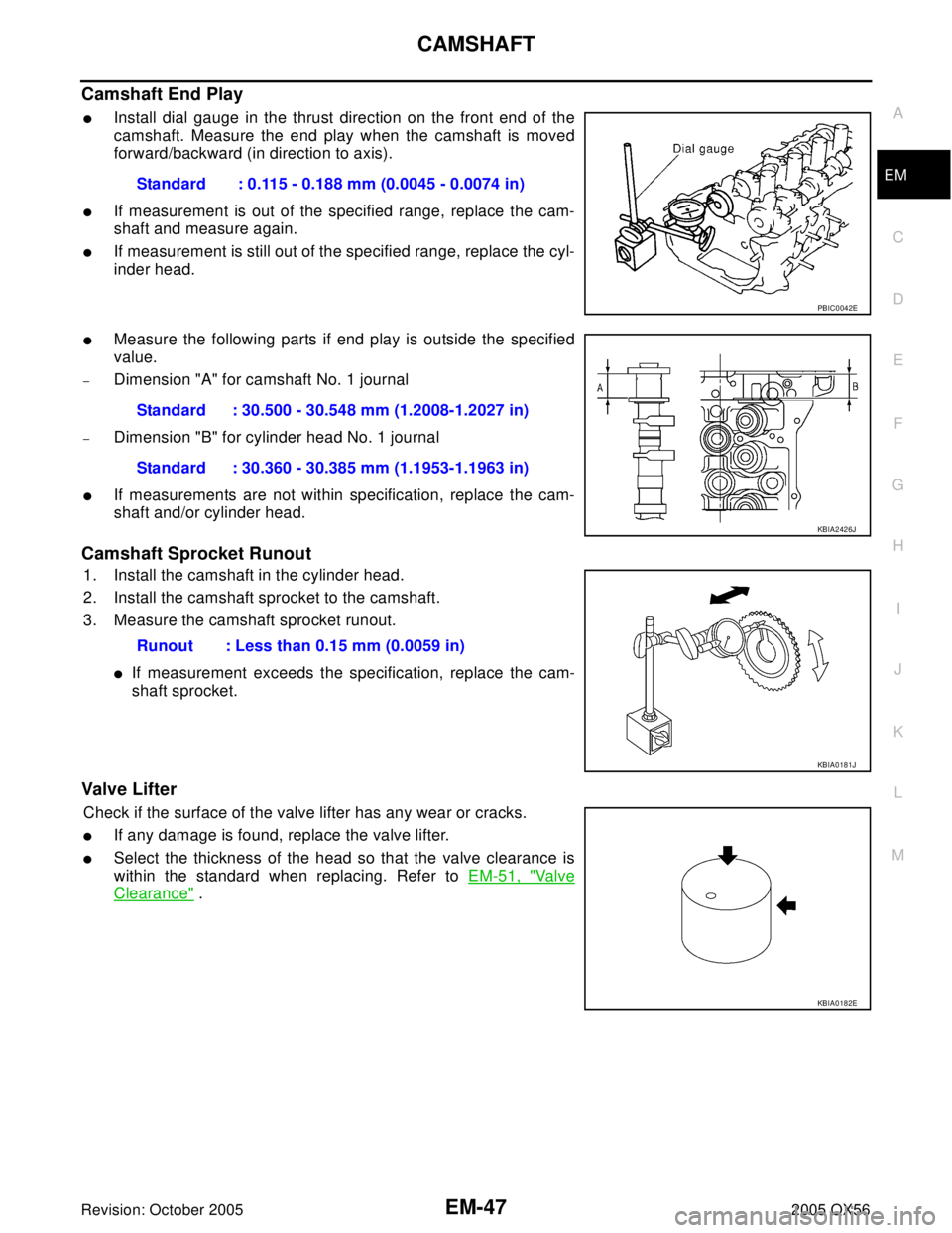INFINITI QX4 2005  Factory Service Manual CAMSHAFT
EM-47
C
D
E
F
G
H
I
J
K
L
MA
EM
Revision: October 20052005 QX56
Camshaft End Play
Install dial gauge in the thrust direction on the front end of the
camshaft. Measure the end play when the c