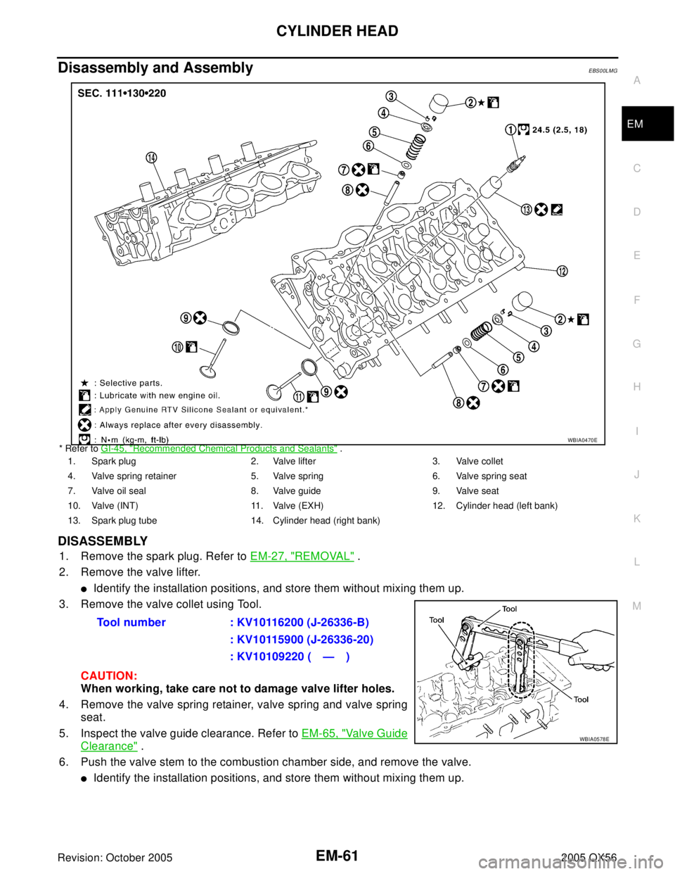 INFINITI QX4 2005  Factory Service Manual CYLINDER HEAD
EM-61
C
D
E
F
G
H
I
J
K
L
MA
EM
Revision: October 20052005 QX56
Disassembly and AssemblyEBS00LMG
* Refer to GI-45, "Recommended Chemical Products and Sealants" .
DISASSEMBLY
1. Remove th