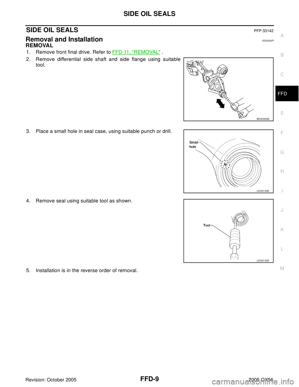 INFINITI QX4 2005 Factory Service Manual SIDE OIL SEALS
FFD-9
C
E
F
G
H
I
J
K
L
MA
B
FFD
Revision: October 20052005 QX56
SIDE OIL SEALSPFP:33142
Removal and InstallationEDS003PI
REMOVAL
1. Remove front final drive. Refer to FFD-11, "REMOVAL" INFINITI QX4 2005 Factory Service Manual SIDE OIL SEALS
FFD-9
C
E
F
G
H
I
J
K
L
MA
B
FFD
Revision: October 20052005 QX56
SIDE OIL SEALSPFP:33142
Removal and InstallationEDS003PI
REMOVAL
1. Remove front final drive. Refer to FFD-11, "REMOVAL"