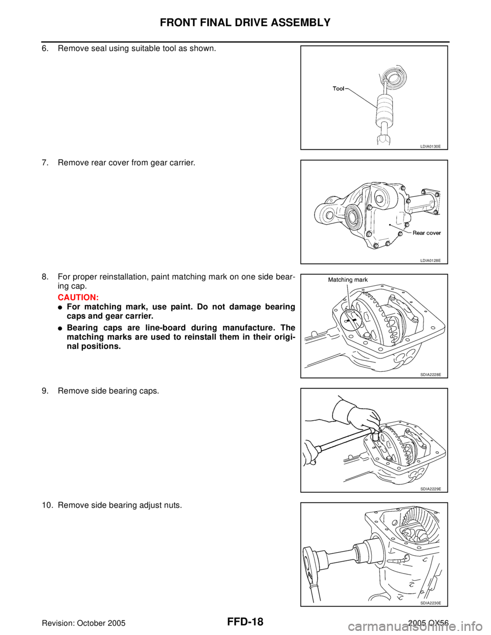 INFINITI QX4 2005  Factory Service Manual FFD-18
FRONT FINAL DRIVE ASSEMBLY
Revision: October 20052005 QX56
6. Remove seal using suitable tool as shown.
7. Remove rear cover from gear carrier.
8. For proper reinstallation, paint matching mark