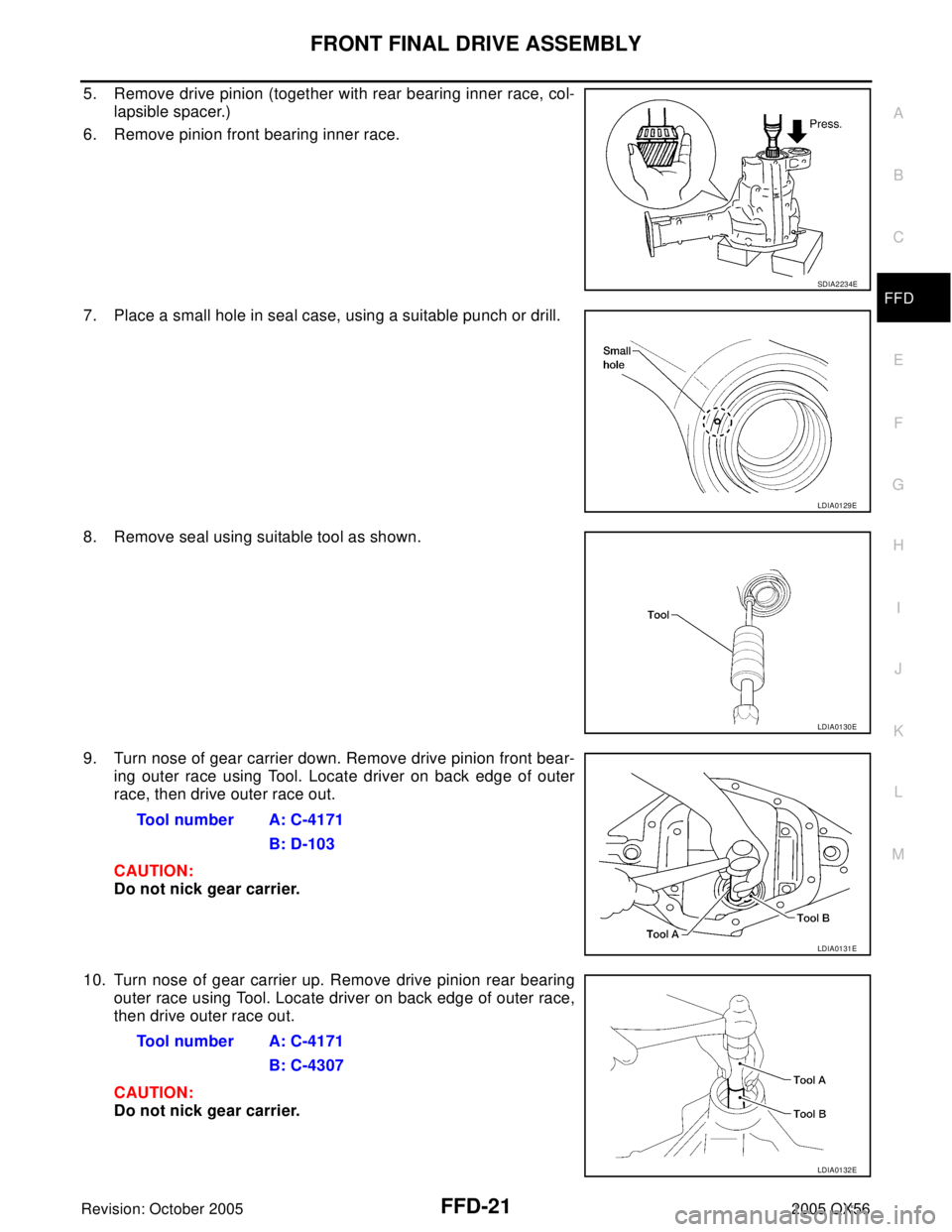 INFINITI QX4 2005  Factory Service Manual FRONT FINAL DRIVE ASSEMBLY
FFD-21
C
E
F
G
H
I
J
K
L
MA
B
FFD
Revision: October 20052005 QX56
5. Remove drive pinion (together with rear bearing inner race, col-
lapsible spacer.)
6. Remove pinion fron