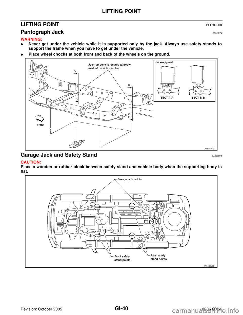 INFINITI QX4 2005  Factory Service Manual GI-40
LIFTING POINT
Revision: October 20052005 QX56
LIFTING POINTPFP:00000
Pantograph JackEAS001FV
WAR NIN G:
Never get under the vehicle while it is supported only by the jack. Always use safety sta