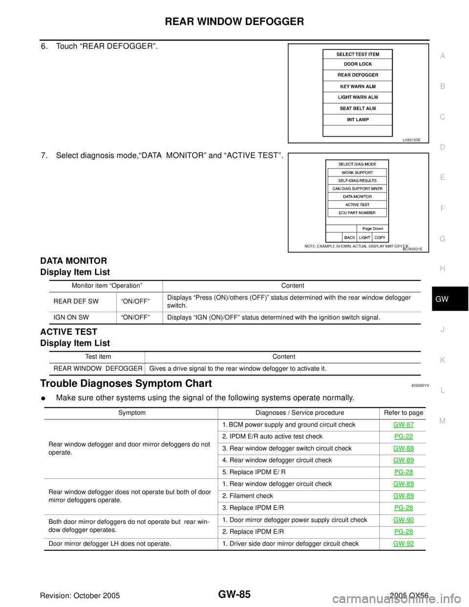INFINITI QX4 2005  Factory Service Manual REAR WINDOW DEFOGGER
GW-85
C
D
E
F
G
H
J
K
L
MA
B
GW
Revision: October 20052005 QX56
6. Touch “REAR DEFOGGER”.
7. Select diagnosis mode,“DATA  MONITOR” and “ACTIVE TEST”.
DATA MONITOR
Disp