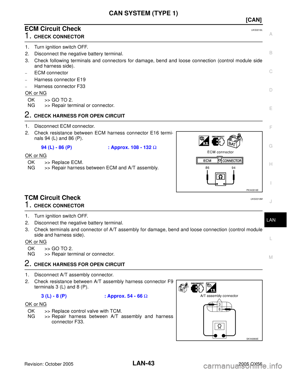 INFINITI QX4 2005  Factory Service Manual CAN SYSTEM (TYPE 1)
LAN-43
[CAN]
C
D
E
F
G
H
I
J
L
MA
B
LAN
Revision: October 20052005 QX56
ECM Circuit CheckUKS0018L
1. CHECK CONNECTOR
1. Turn ignition switch OFF.
2. Disconnect the negative battery