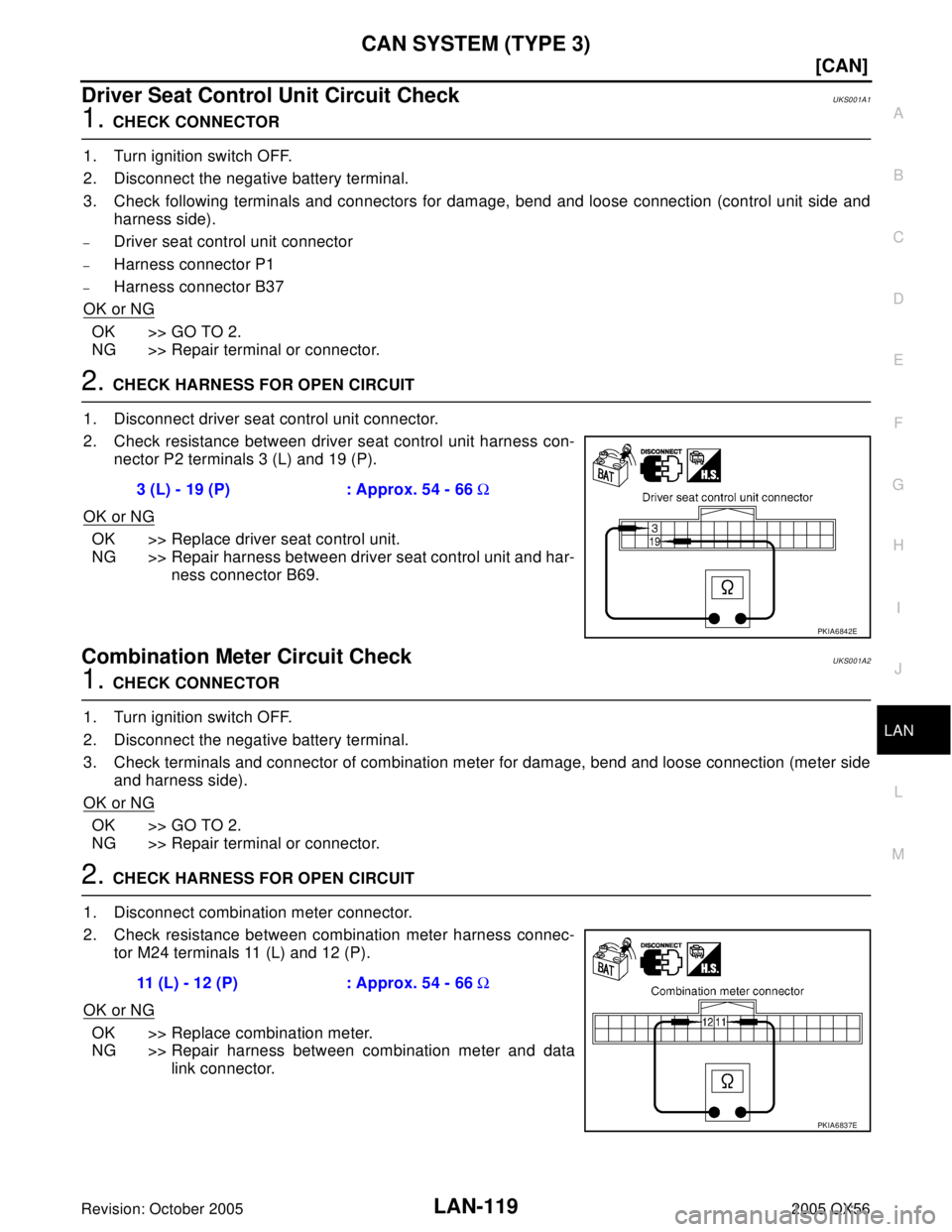 INFINITI QX4 2005  Factory Service Manual CAN SYSTEM (TYPE 3)
LAN-119
[CAN]
C
D
E
F
G
H
I
J
L
MA
B
LAN
Revision: October 20052005 QX56
Driver Seat Control Unit Circuit CheckUKS001A1
1. CHECK CONNECTOR
1. Turn ignition switch OFF.
2. Disconnec