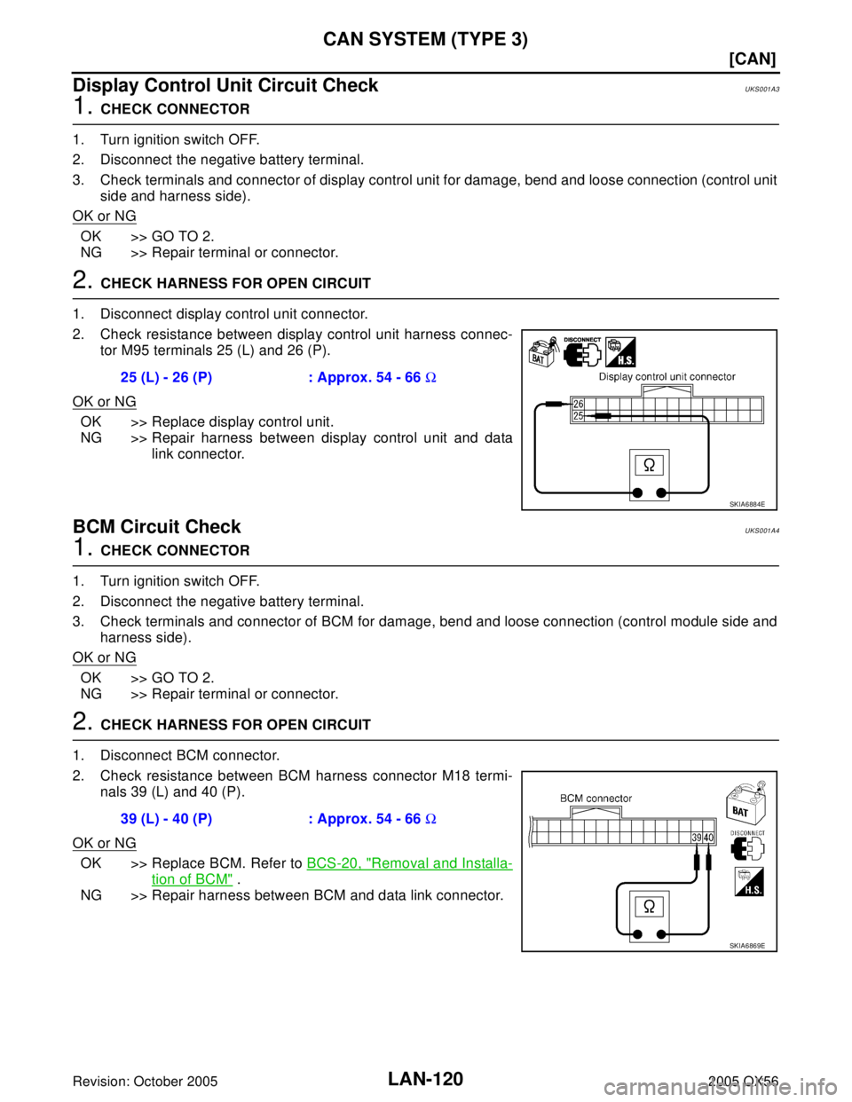 INFINITI QX4 2005  Factory Service Manual LAN-120
[CAN]
CAN SYSTEM (TYPE 3)
Revision: October 20052005 QX56
Display Control Unit Circuit CheckUKS001A3
1. CHECK CONNECTOR
1. Turn ignition switch OFF.
2. Disconnect the negative battery terminal