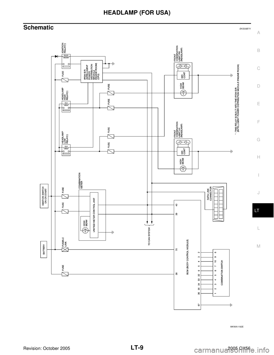 INFINITI QX4 2005  Factory Service Manual HEADLAMP (FOR USA)
LT-9
C
D
E
F
G
H
I
J
L
MA
B
LT
Revision: October 20052005 QX56
SchematicEKS00B7V
WKWA1192E 