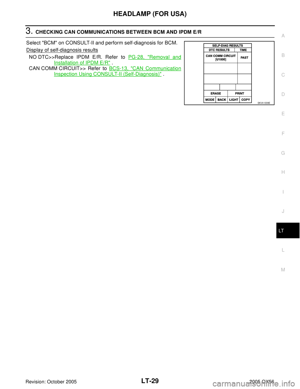 INFINITI QX4 2005  Factory Service Manual HEADLAMP (FOR USA)
LT-29
C
D
E
F
G
H
I
J
L
MA
B
LT
Revision: October 20052005 QX56
3. CHECKING CAN COMMUNICATIONS BETWEEN BCM AND IPDM E/R
Select "BCM" on CONSULT-II and perform self-diagnosis for BCM