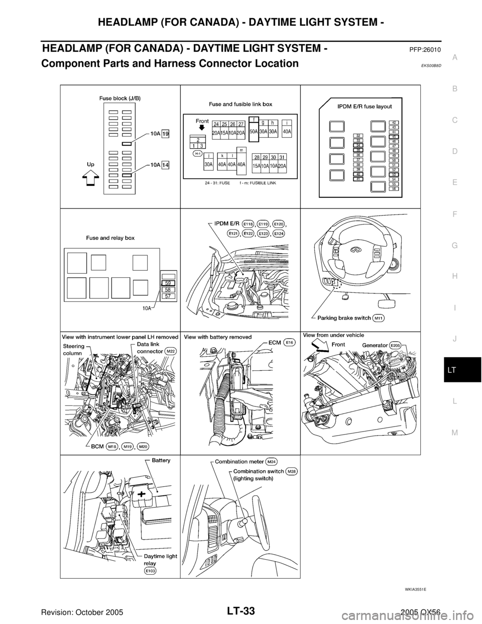 INFINITI QX4 2005  Factory Service Manual HEADLAMP (FOR CANADA) - DAYTIME LIGHT SYSTEM -
LT-33
C
D
E
F
G
H
I
J
L
MA
B
LT
Revision: October 20052005 QX56
HEADLAMP (FOR CANADA) - DAYTIME LIGHT SYSTEM -PFP:26010
Component Parts and Harness Conne
