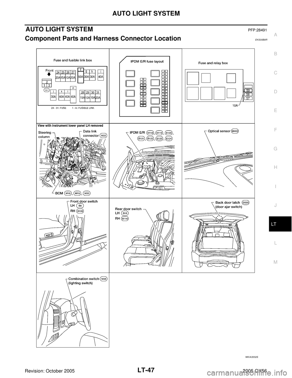 INFINITI QX4 2005  Factory Service Manual AUTO LIGHT SYSTEM
LT-47
C
D
E
F
G
H
I
J
L
MA
B
LT
Revision: October 20052005 QX56
AUTO LIGHT SYSTEMPFP:28491
Component Parts and Harness Connector LocationEKS00B8R
WKIA3552E 