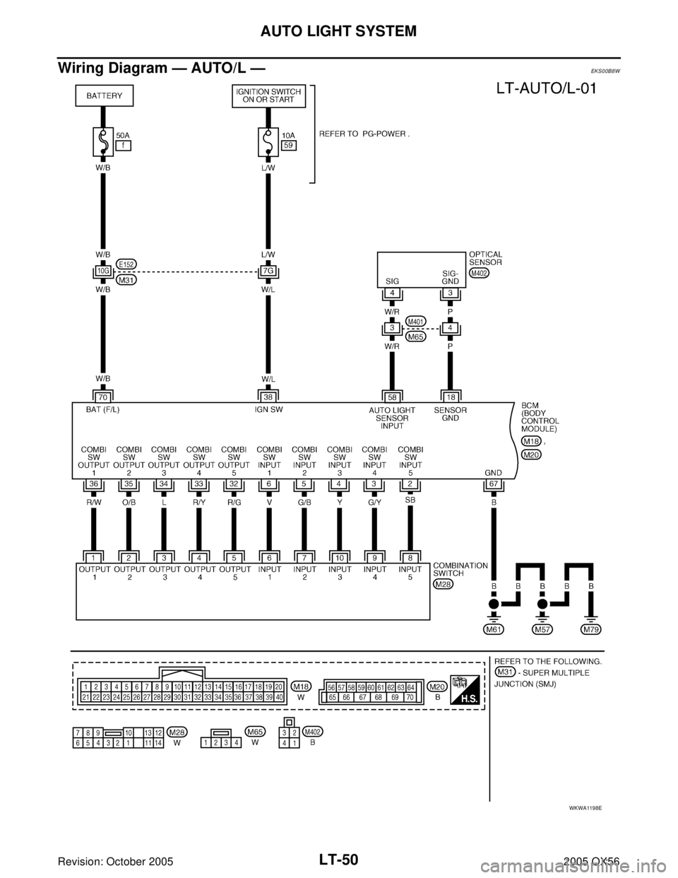 INFINITI QX4 2005  Factory Service Manual LT-50
AUTO LIGHT SYSTEM
Revision: October 20052005 QX56
Wiring Diagram — AUTO/L —EKS00B8W
WKWA1198E 