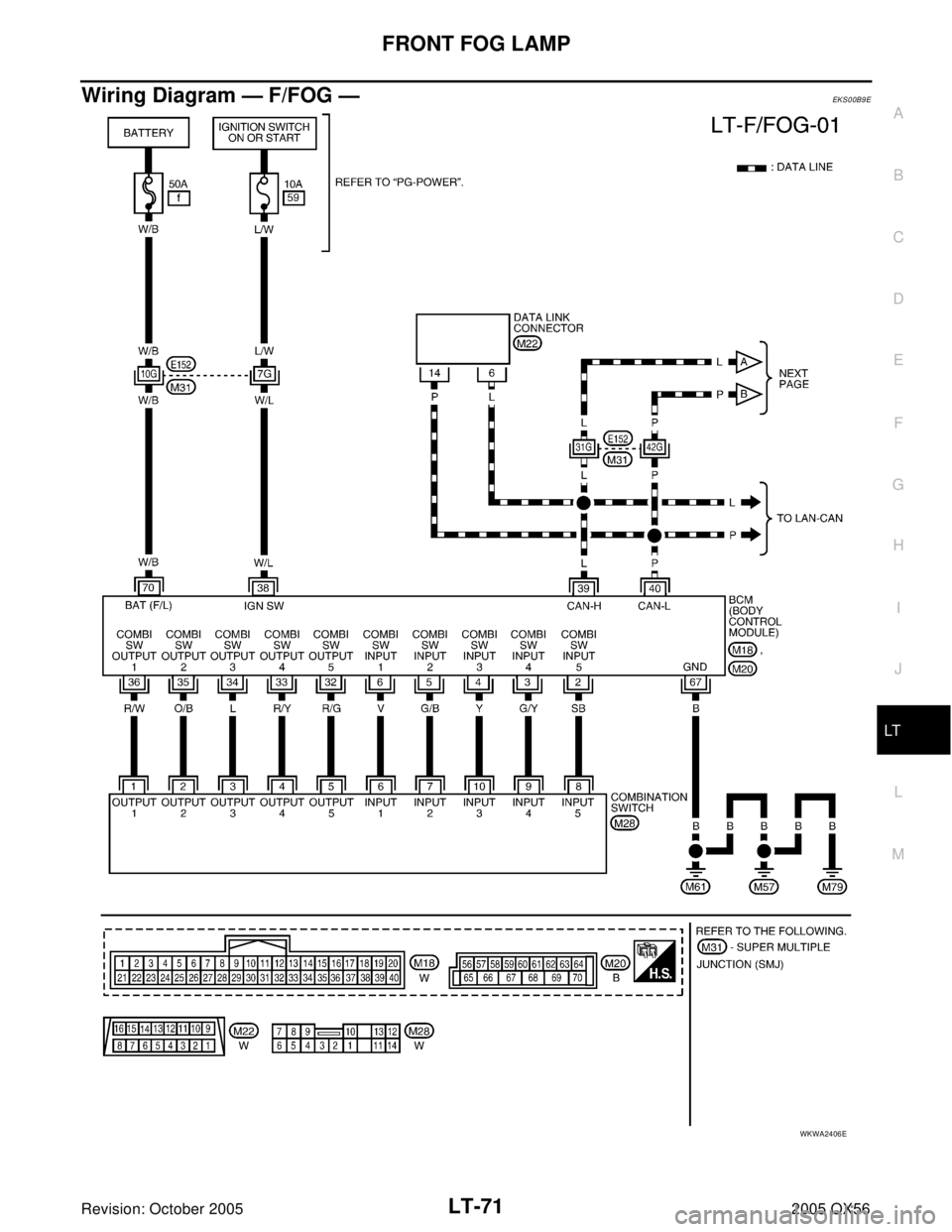 INFINITI QX4 2005  Factory Service Manual FRONT FOG LAMP
LT-71
C
D
E
F
G
H
I
J
L
MA
B
LT
Revision: October 20052005 QX56
Wiring Diagram — F/FOG —EKS00B9E
WKWA2406E 
