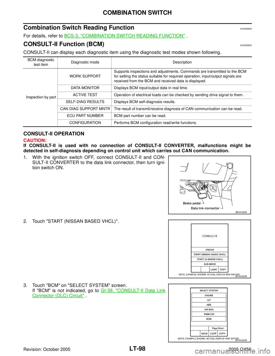 INFINITI QX4 2005  Factory Service Manual LT-98
COMBINATION SWITCH
Revision: October 20052005 QX56
Combination Switch Reading FunctionEKS00BA8
For details, refer to BCS-3, "COMBINATION SWITCH READING FUNCTION" .
CONSULT-II Function (BCM)EKS00