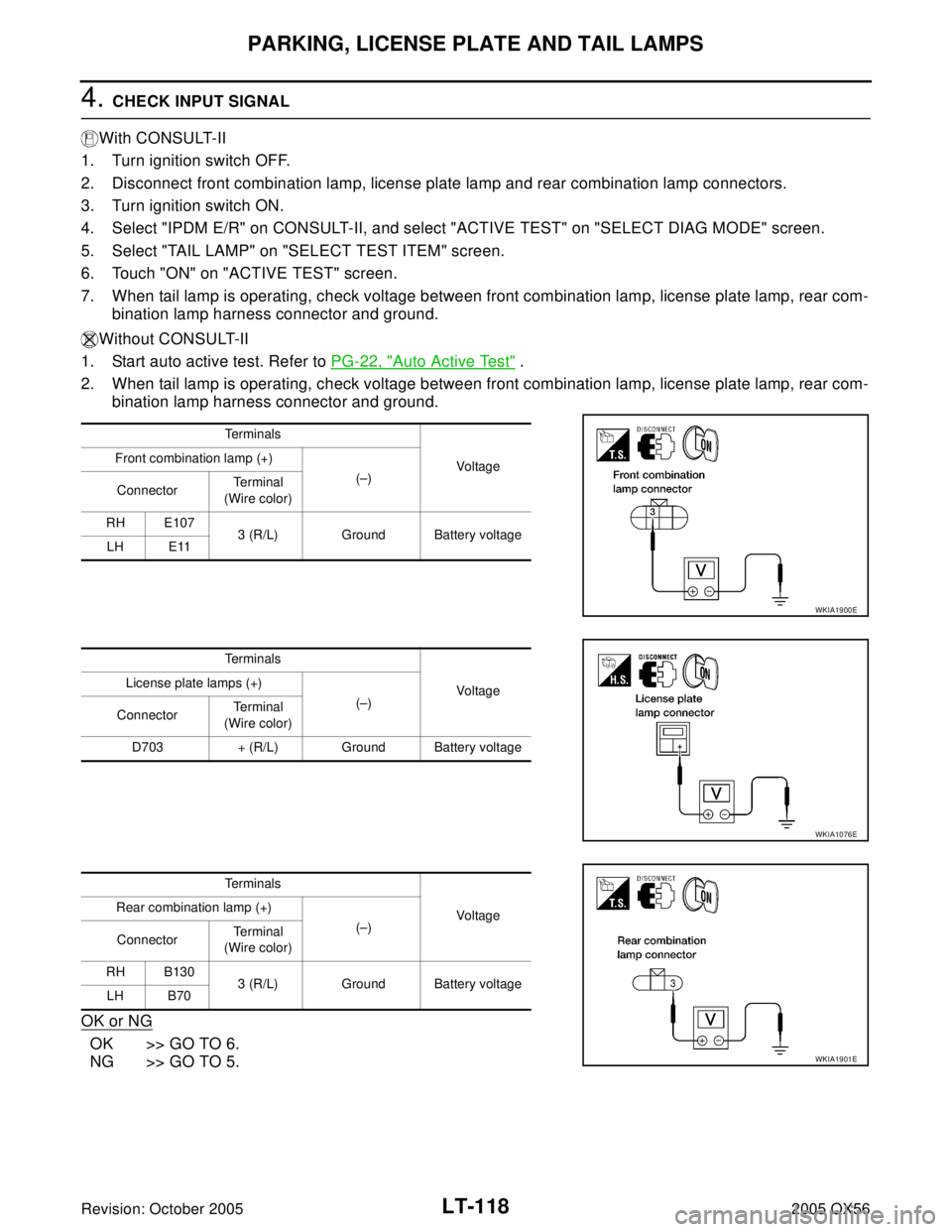 INFINITI QX4 2005  Factory Service Manual LT-118
PARKING, LICENSE PLATE AND TAIL LAMPS
Revision: October 20052005 QX56
4. CHECK INPUT SIGNAL 
With CONSULT-II
1. Turn ignition switch OFF.
2. Disconnect front combination lamp, license plate lam