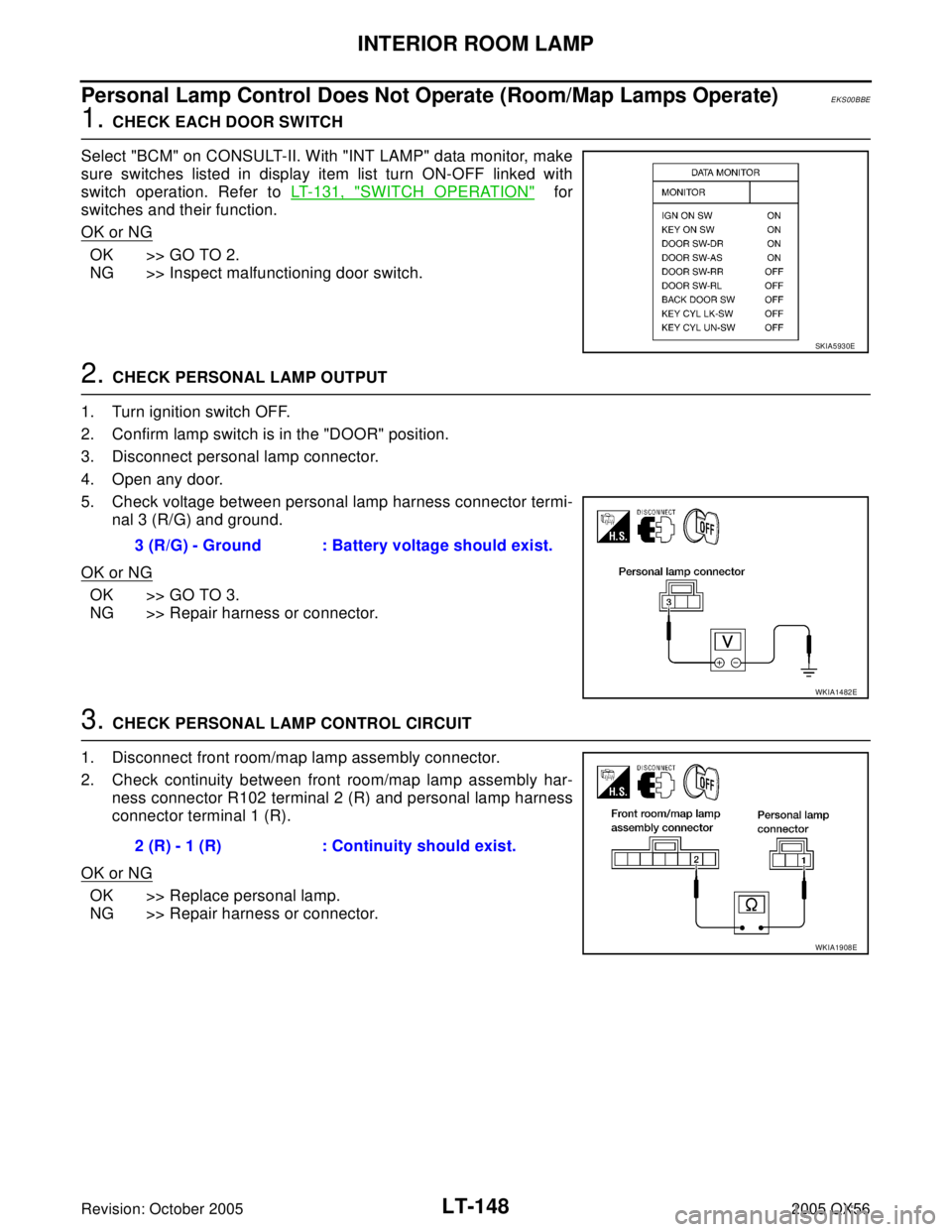 INFINITI QX4 2005  Factory Service Manual LT-148
INTERIOR ROOM LAMP
Revision: October 20052005 QX56
Personal Lamp Control Does Not Operate (Room/Map Lamps Operate)EKS00BBE
1. CHECK EACH DOOR SWITCH
Select "BCM" on CONSULT-II. With "INT LAMP" 