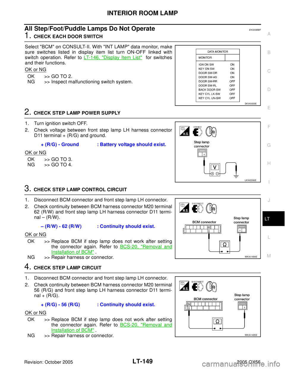 INFINITI QX4 2005  Factory Service Manual INTERIOR ROOM LAMP
LT-149
C
D
E
F
G
H
I
J
L
MA
B
LT
Revision: October 20052005 QX56
All Step/Foot/Puddle Lamps Do Not OperateEKS00BBF
1. CHECK EACH DOOR SWITCH
Select "BCM" on CONSULT-II. With "INT LA