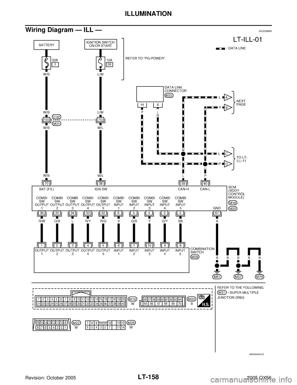 INFINITI QX4 2005  Factory Service Manual LT-158
ILLUMINATION
Revision: October 20052005 QX56
Wiring Diagram — ILL —EKS00BBM
WKWA4551E 