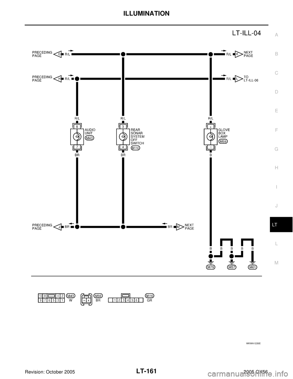INFINITI QX4 2005  Factory Service Manual ILLUMINATION
LT-161
C
D
E
F
G
H
I
J
L
MA
B
LT
Revision: October 20052005 QX56
WKWA1226E 