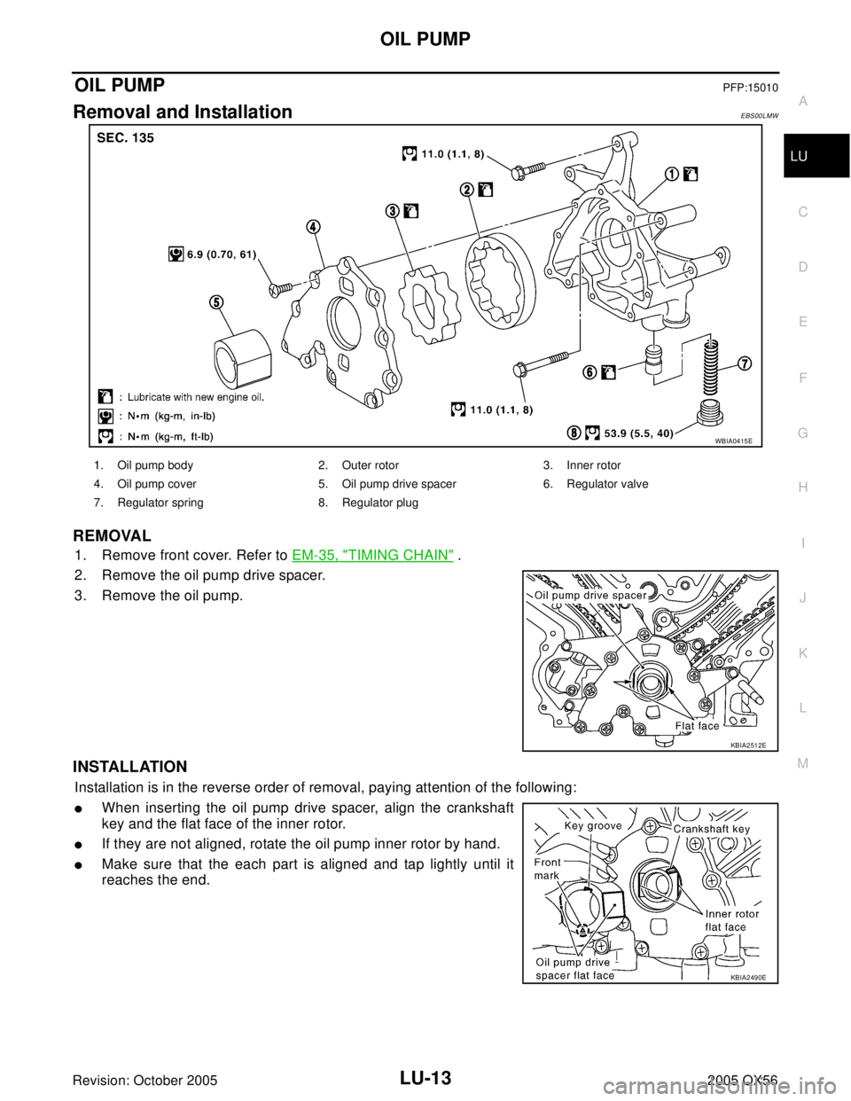 INFINITI QX4 2005  Factory Service Manual OIL PUMP
LU-13
C
D
E
F
G
H
I
J
K
L
MA
LU
Revision: October 20052005 QX56
OIL PUMPPFP:15010
Removal and InstallationEBS00LMW
REMOVAL
1. Remove front cover. Refer to EM-35, "TIMING CHAIN" . 
2. Remove t