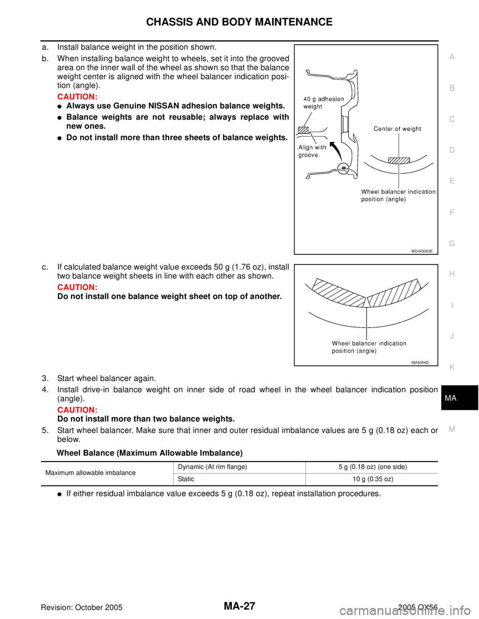 INFINITI QX4 2005  Factory Owners Manual CHASSIS AND BODY MAINTENANCE
MA-27
C
D
E
F
G
H
I
J
K
MA
B
MA
Revision: October 20052005 QX56
a. Install balance weight in the position shown.
b. When installing balance weight to wheels, set it into t