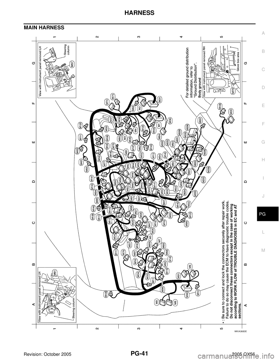 INFINITI QX4 2005  Factory Service Manual HARNESS
PG-41
C
D
E
F
G
H
I
J
L
MA
B
PG
Revision: October 20052005 QX56
MAIN HARNESS
WKIA3683E 