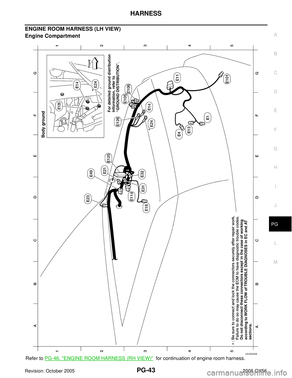INFINITI QX4 2005  Factory Service Manual HARNESS
PG-43
C
D
E
F
G
H
I
J
L
MA
B
PG
Revision: October 20052005 QX56
ENGINE ROOM HARNESS (LH VIEW)
Engine Compartment
Refer to PG-46, "ENGINE ROOM HARNESS (RH VIEW)"  for continuation of engine roo