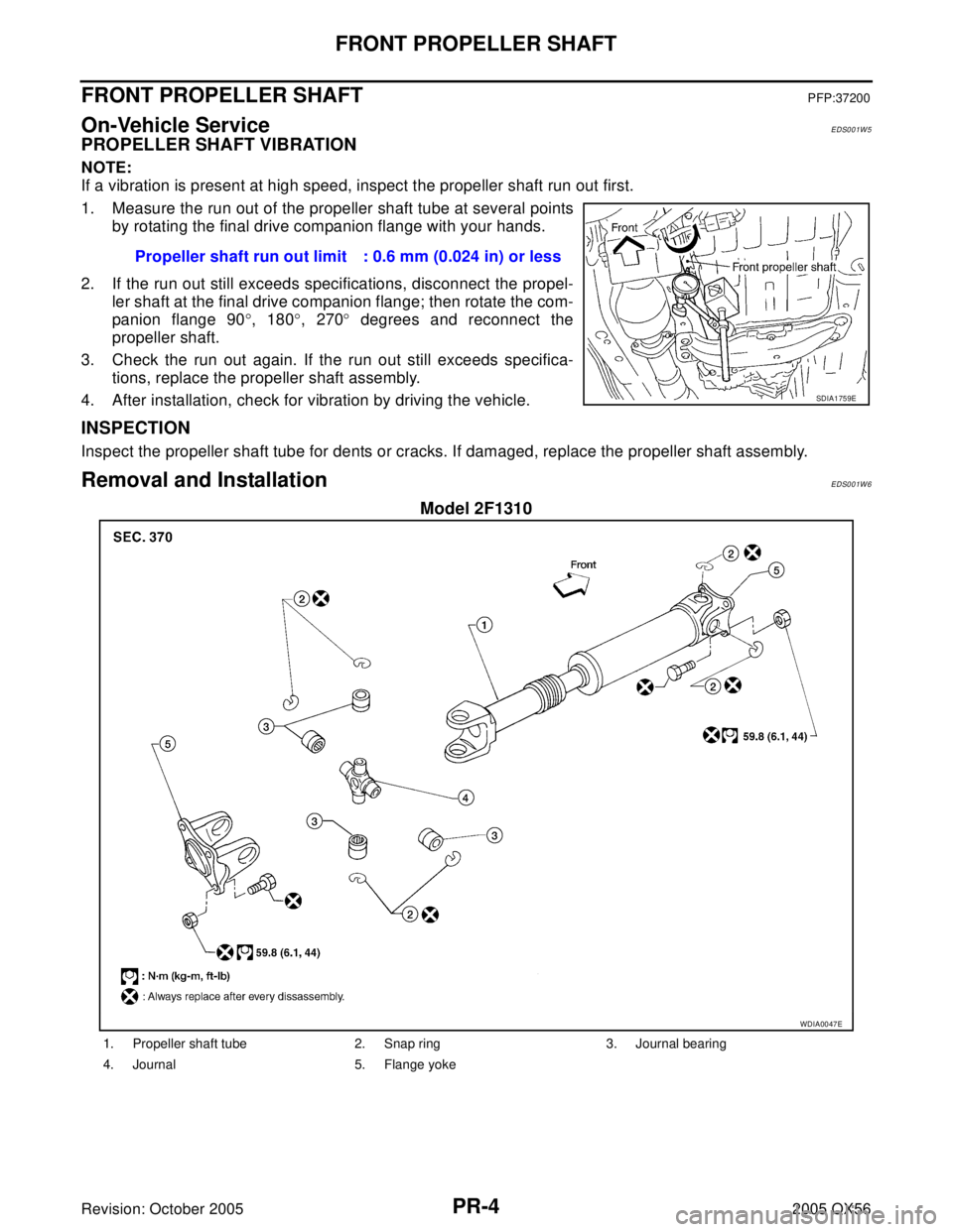 INFINITI QX4 2005 Factory Service Manual PR-4
FRONT PROPELLER SHAFT
Revision: October 20052005 QX56
FRONT PROPELLER SHAFTPFP:37200
On-Vehicle ServiceEDS001W5
PROPELLER SHAFT VIBRATION
NOTE:
If a vibration is present at high speed, inspect th INFINITI QX4 2005 Factory Service Manual PR-4
FRONT PROPELLER SHAFT
Revision: October 20052005 QX56
FRONT PROPELLER SHAFTPFP:37200
On-Vehicle ServiceEDS001W5
PROPELLER SHAFT VIBRATION
NOTE:
If a vibration is present at high speed, inspect th