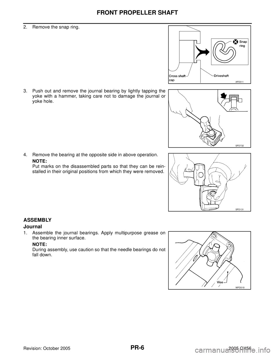 INFINITI QX4 2005  Factory Service Manual PR-6
FRONT PROPELLER SHAFT
Revision: October 20052005 QX56
2. Remove the snap ring.
3. Push out and remove the journal bearing by lightly tapping the
yoke with a hammer, taking care not to damage the 