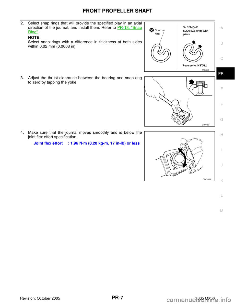 INFINITI QX4 2005  Factory Service Manual FRONT PROPELLER SHAFT
PR-7
C
E
F
G
H
I
J
K
L
MA
B
PR
Revision: October 20052005 QX56
2. Select snap rings that will provide the specified play in an axial
direction of the journal, and install them. R