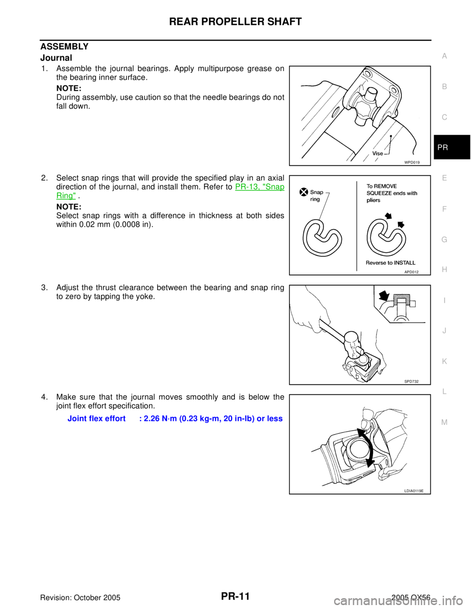 INFINITI QX4 2005 Factory Service Manual REAR PROPELLER SHAFT
PR-11
C
E
F
G
H
I
J
K
L
MA
B
PR
Revision: October 20052005 QX56
ASSEMBLY
Journal
1. Assemble the journal bearings. Apply multipurpose grease on
the bearing inner surface.
NOTE:
Du INFINITI QX4 2005 Factory Service Manual REAR PROPELLER SHAFT
PR-11
C
E
F
G
H
I
J
K
L
MA
B
PR
Revision: October 20052005 QX56
ASSEMBLY
Journal
1. Assemble the journal bearings. Apply multipurpose grease on
the bearing inner surface.
NOTE:
Du