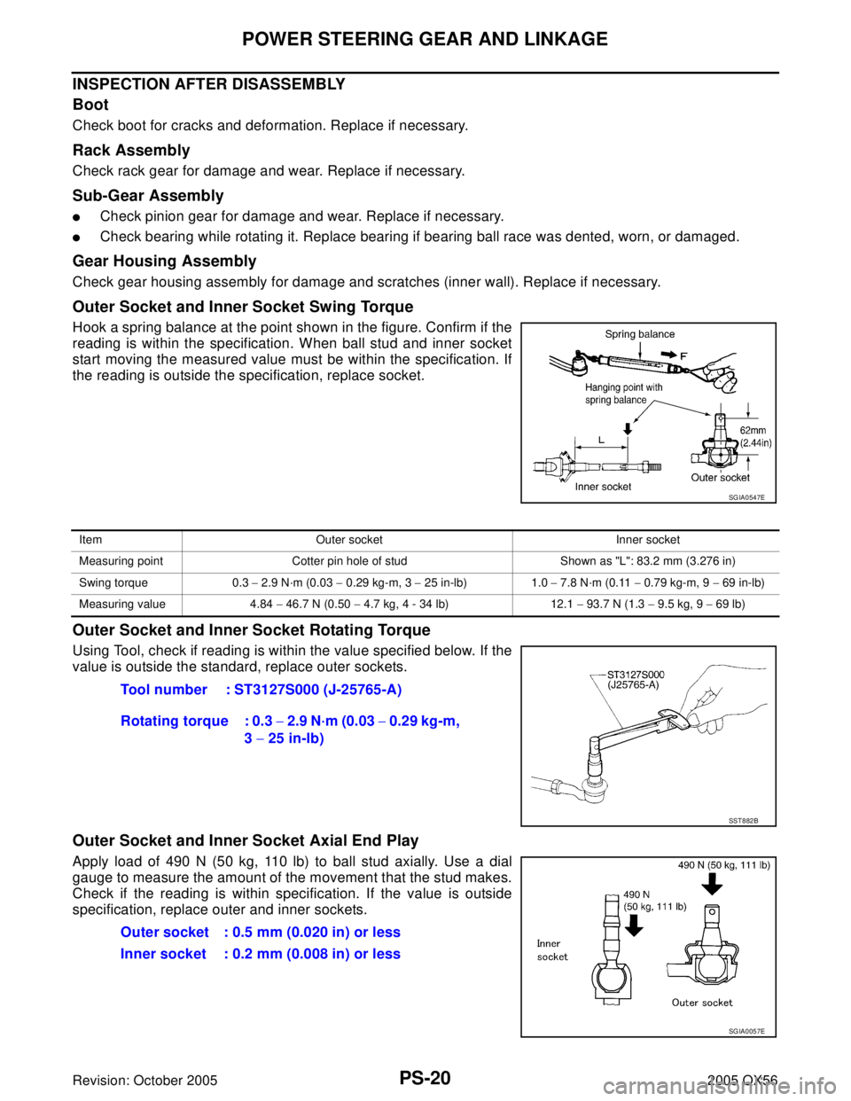 INFINITI QX4 2005  Factory Owners Manual PS-20
POWER STEERING GEAR AND LINKAGE
Revision: October 20052005 QX56
INSPECTION AFTER DISASSEMBLY
Boot
Check boot for cracks and deformation. Replace if necessary.
Rack Assembly
Check rack gear for d