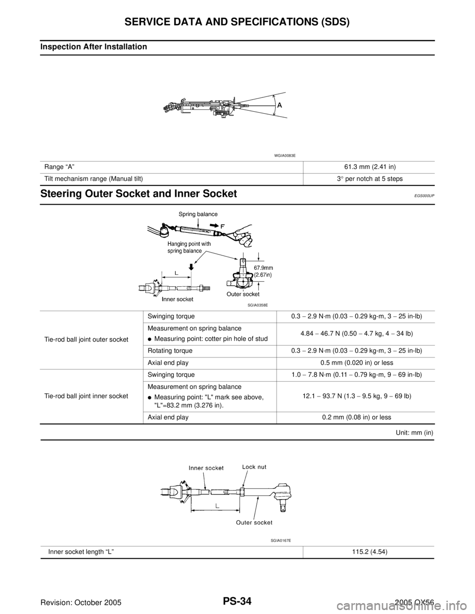 INFINITI QX4 2005  Factory Service Manual PS-34
SERVICE DATA AND SPECIFICATIONS (SDS)
Revision: October 20052005 QX56
Inspection After Installation
Steering Outer Socket and Inner SocketEGS000UP
Unit: mm (in) Range “A”61.3 mm (2.41 in)
Ti