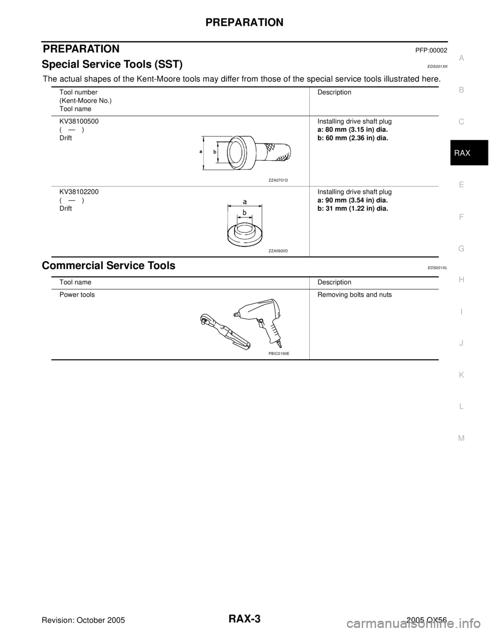 INFINITI QX4 2005  Factory Service Manual PREPARATION
RAX-3
C
E
F
G
H
I
J
K
L
MA
B
RAX
Revision: October 20052005 QX56
PREPARATIONPFP:00002
Special Service Tools (SST)EDS001XK
The actual shapes of the Kent-Moore tools may differ from those of