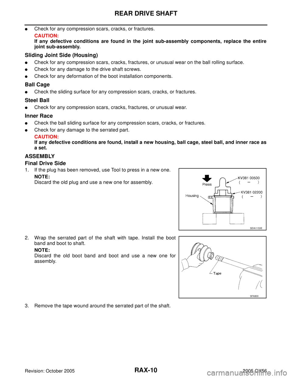 INFINITI QX4 2005  Factory Service Manual RAX-10
REAR DRIVE SHAFT
Revision: October 20052005 QX56
Check for any compression scars, cracks, or fractures.
CAUTION:
If any defective conditions are found in the joint sub-assembly components, rep
