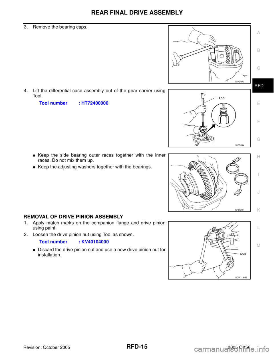INFINITI QX4 2005  Factory Service Manual REAR FINAL DRIVE ASSEMBLY
RFD-15
C
E
F
G
H
I
J
K
L
MA
B
RFD
Revision: October 20052005 QX56
3. Remove the bearing caps.
4. Lift the differential case assembly out of the gear carrier using
Tool.
Keep