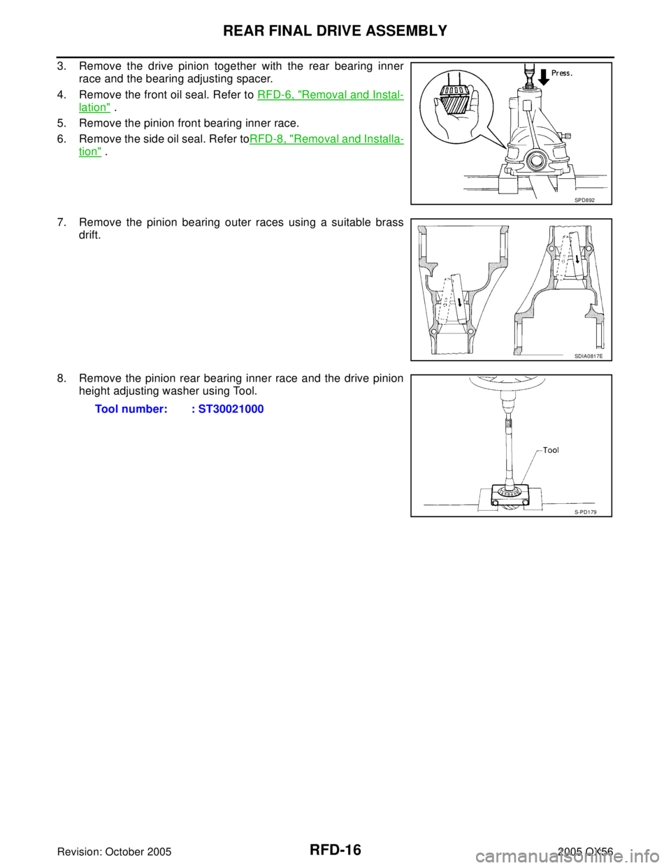 INFINITI QX4 2005  Factory Service Manual RFD-16
REAR FINAL DRIVE ASSEMBLY
Revision: October 20052005 QX56
3. Remove the drive pinion together with the rear bearing inner
race and the bearing adjusting spacer.
4. Remove the front oil seal. Re