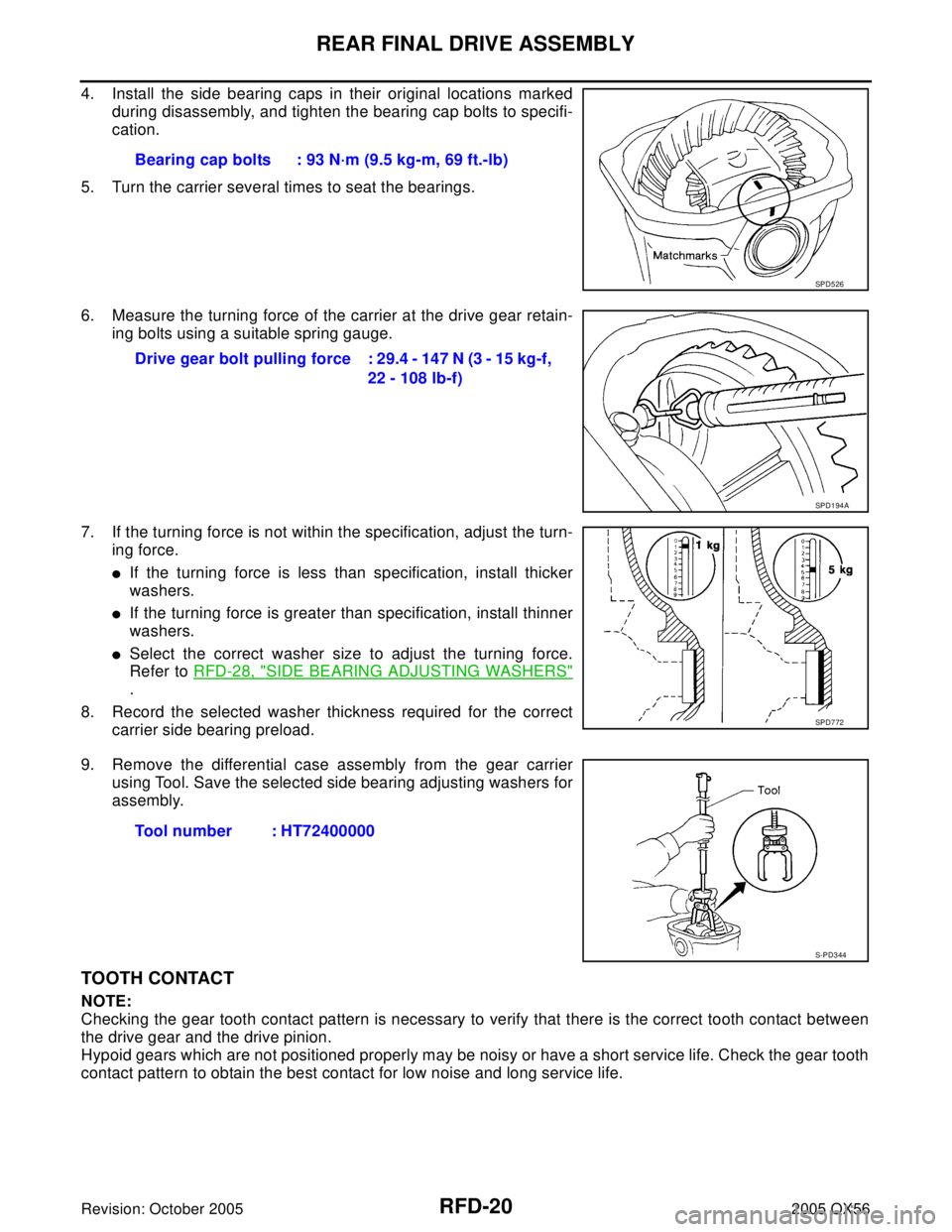 INFINITI QX4 2005  Factory Service Manual RFD-20
REAR FINAL DRIVE ASSEMBLY
Revision: October 20052005 QX56
4. Install the side bearing caps in their original locations marked
during disassembly, and tighten the bearing cap bolts to specifi-
c