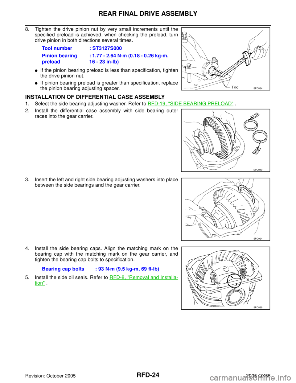 INFINITI QX4 2005 Factory Workshop Manual RFD-24
REAR FINAL DRIVE ASSEMBLY
Revision: October 20052005 QX56
8. Tighten the drive pinion nut by very small increments until the
specified preload is achieved, when checking the preload, turn
drive INFINITI QX4 2005 Factory Workshop Manual RFD-24
REAR FINAL DRIVE ASSEMBLY
Revision: October 20052005 QX56
8. Tighten the drive pinion nut by very small increments until the
specified preload is achieved, when checking the preload, turn
drive