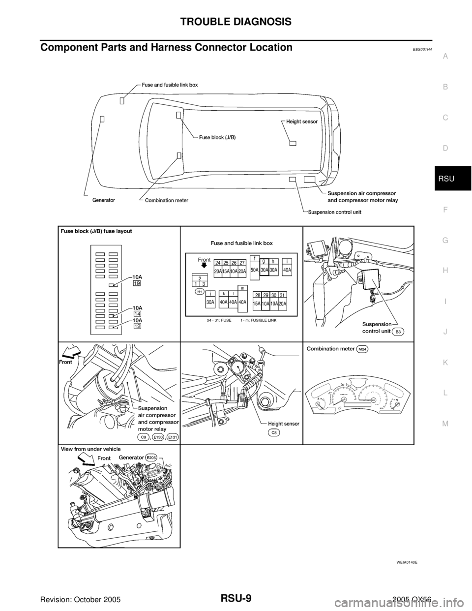 INFINITI QX4 2005 Factory Service Manual TROUBLE DIAGNOSIS
RSU-9
C
D
F
G
H
I
J
K
L
MA
B
RSU
Revision: October 20052005 QX56
Component Parts and Harness Connector LocationEES001H4
WEIA0140E INFINITI QX4 2005 Factory Service Manual TROUBLE DIAGNOSIS
RSU-9
C
D
F
G
H
I
J
K
L
MA
B
RSU
Revision: October 20052005 QX56
Component Parts and Harness Connector LocationEES001H4
WEIA0140E