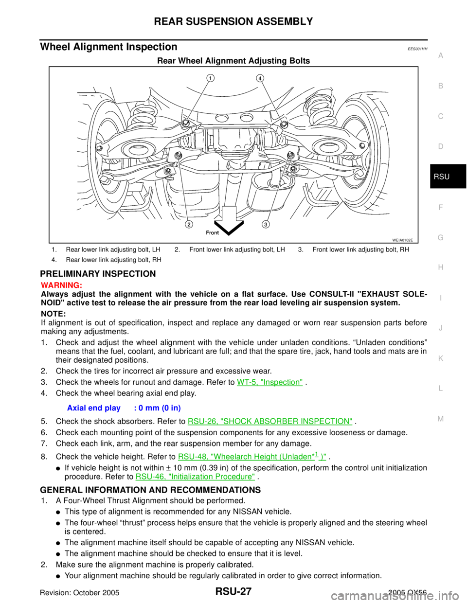 INFINITI QX4 2005  Factory Service Manual REAR SUSPENSION ASSEMBLY
RSU-27
C
D
F
G
H
I
J
K
L
MA
B
RSU
Revision: October 20052005 QX56
Wheel Alignment InspectionEES001HH
Rear Wheel Alignment Adjusting Bolts
PRELIMINARY INSPECTION
WA RN ING:
Alw