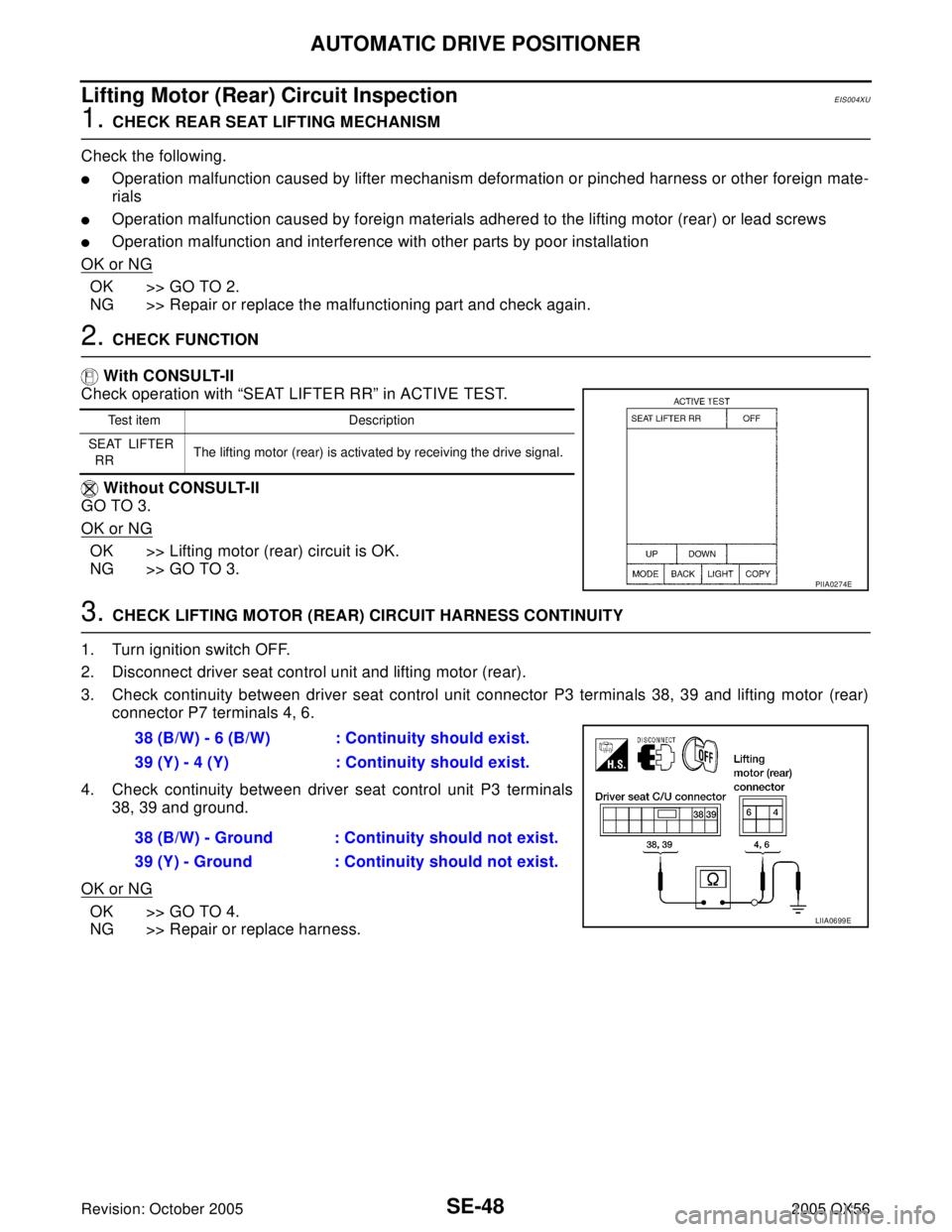 INFINITI QX4 2005  Factory Service Manual SE-48
AUTOMATIC DRIVE POSITIONER
Revision: October 20052005 QX56
Lifting Motor (Rear) Circuit InspectionEIS004XU
1. CHECK REAR SEAT LIFTING MECHANISM
Check the following.
Operation malfunction caused