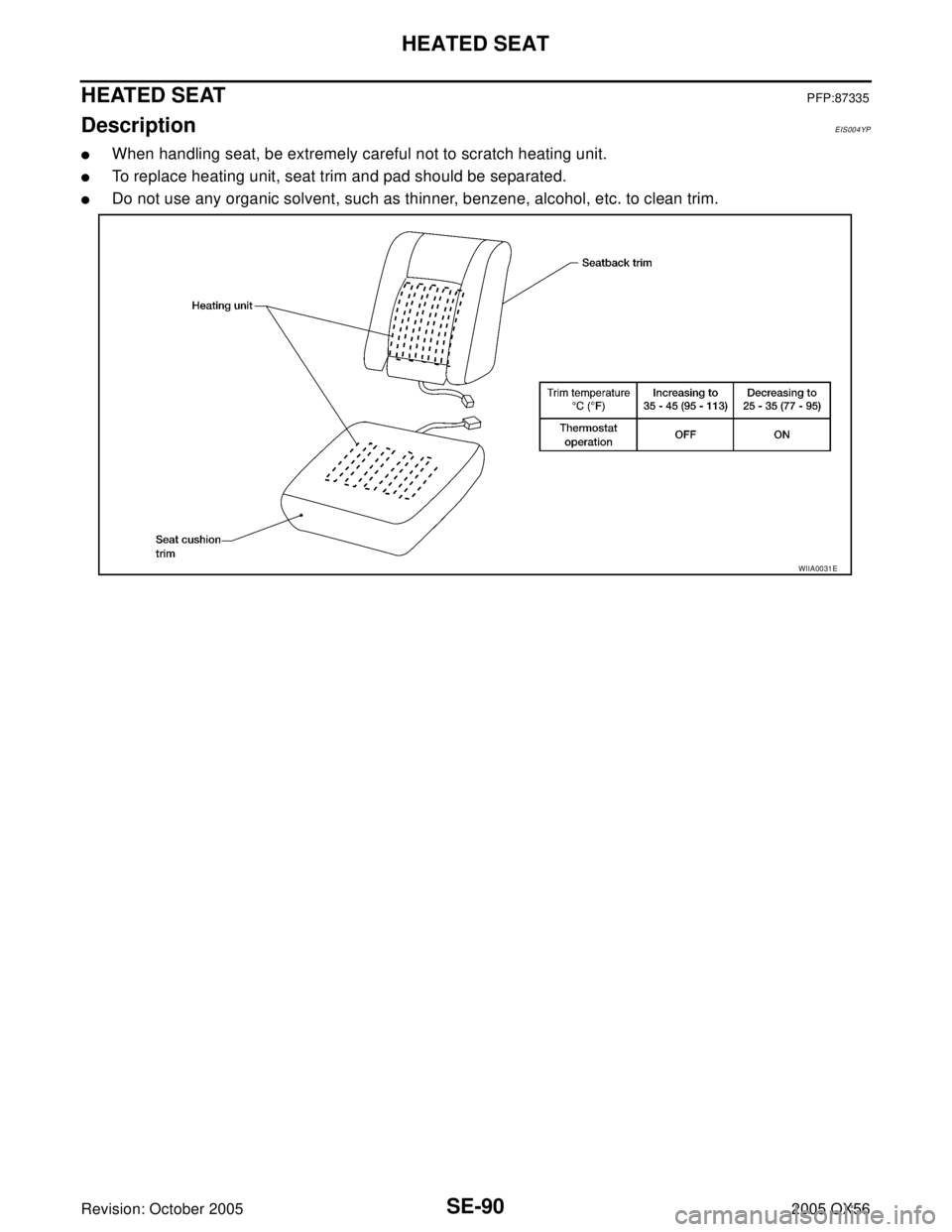 INFINITI QX4 2005  Factory Service Manual SE-90
HEATED SEAT
Revision: October 20052005 QX56
HEATED SEATPFP:87335
Description EIS004YP
When handling seat, be extremely careful not to scratch heating unit.
To replace heating unit, seat trim a