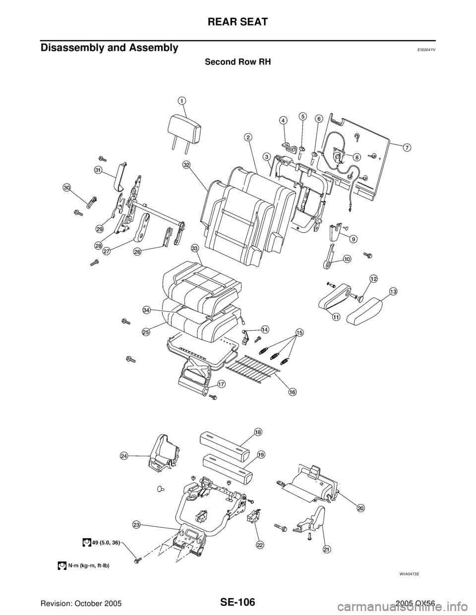 INFINITI QX4 2005  Factory Service Manual SE-106
REAR SEAT
Revision: October 20052005 QX56
Disassembly and AssemblyEIS004YV
Second Row RH
WIIA0473E 
