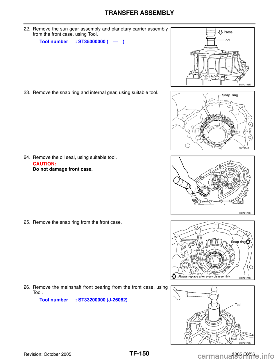 INFINITI QX4 2005  Factory Service Manual TF-150
TRANSFER ASSEMBLY
Revision: October 20052005 QX56
22. Remove the sun gear assembly and planetary carrier assembly
from the front case, using Tool.
23. Remove the snap ring and internal gear, us