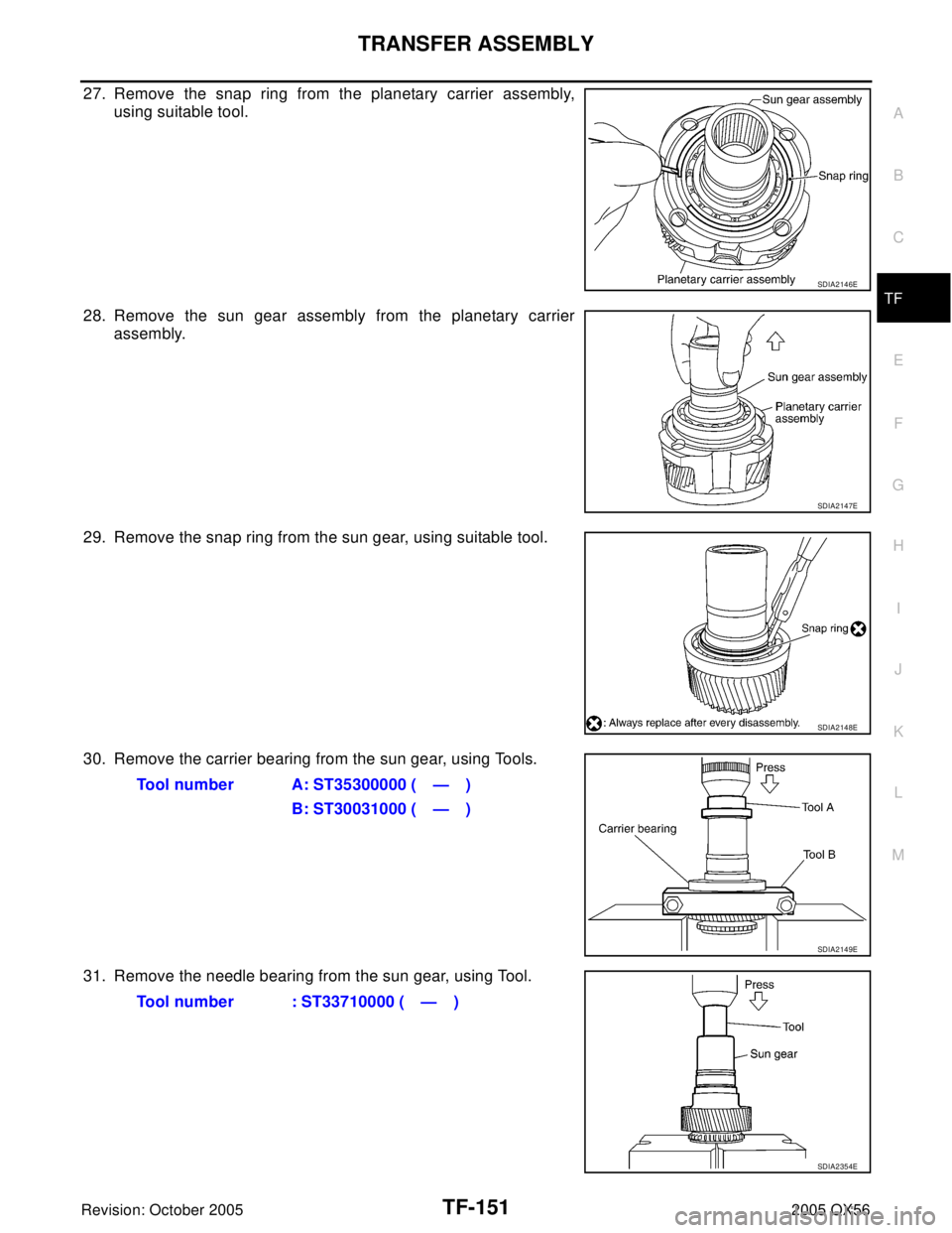 INFINITI QX4 2005  Factory Service Manual TRANSFER ASSEMBLY
TF-151
C
E
F
G
H
I
J
K
L
MA
B
TF
Revision: October 20052005 QX56
27. Remove the snap ring from the planetary carrier assembly,
using suitable tool.
28. Remove the sun gear assembly f